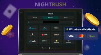 An image shows a computer screen displaying various withdrawal methods at an online casino.