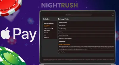 An image showing a casino's privacy policy, highlighting Apple Pay as a payment method.