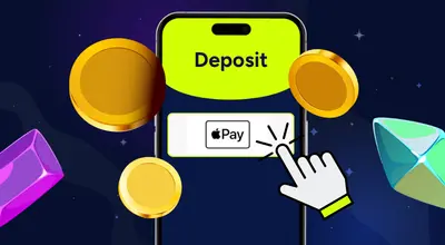 A hand clicks the Apple Pay deposit button on a phone screen, surrounded by coins and gems.