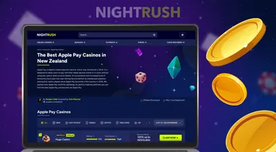 A laptop displays the Nightrush website featuring "The Best Apple Pay Casinos in New Zealand."