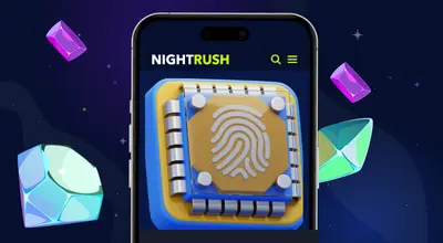 A smartphone displays a fingerprint security icon, surrounded by colorful floating gems.