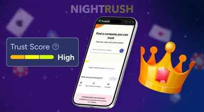 A smartphone showing the Trustpilot website next to a High trust score meter and a gold crown.