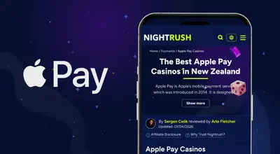 A smartphone displays a Nightrush guide for Apple Pay casinos in New Zealand next to the Apple Pay logo.