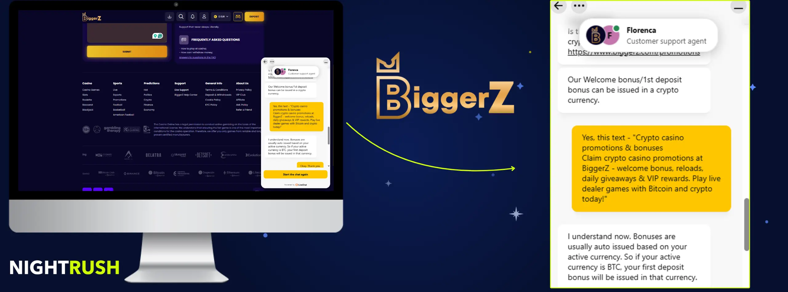 BiggerZ Casino live chat conversation