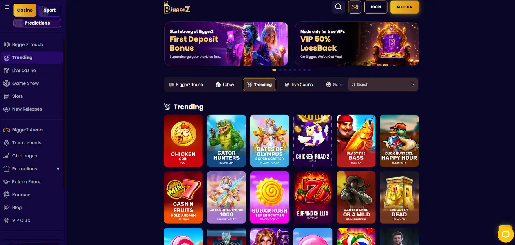 BiggerZ Casino games page