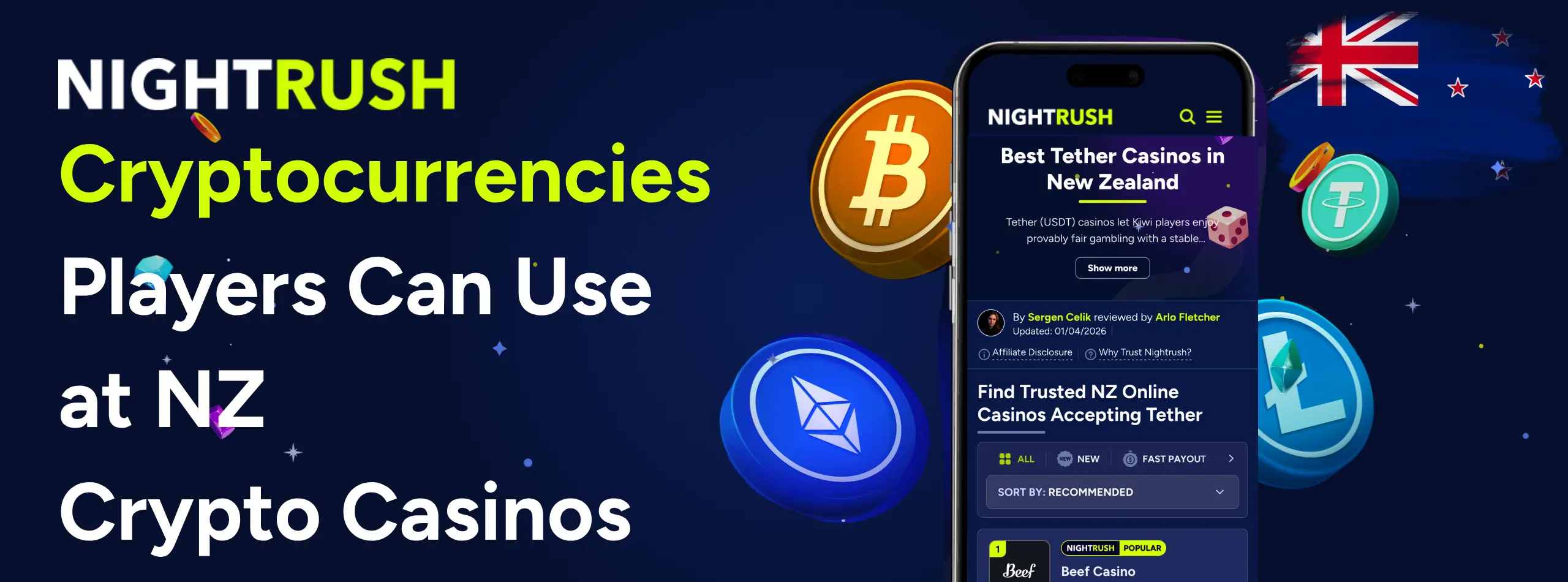 A banner about popular cryptocurrencies at NZ crypto casinos.