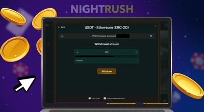 A laptop screen showing a USDT withdrawal interface on an online casino with floating coins.