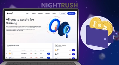 A laptop showing the Swyftx crypto trading platform next to a digital wallet with Bitcoin.