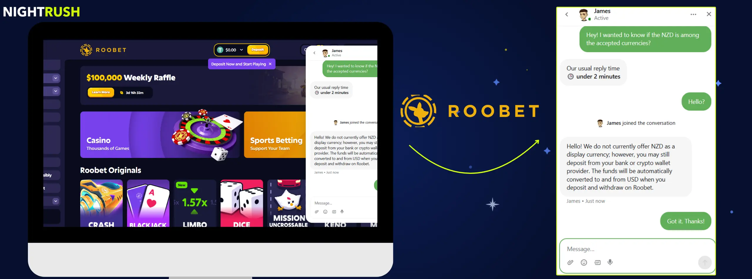 Roobet Casino live chat conversation