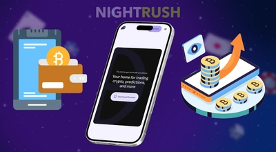 A smartphone featuring a crypto trading app alongside icons for digital wallets and Bitcoin.