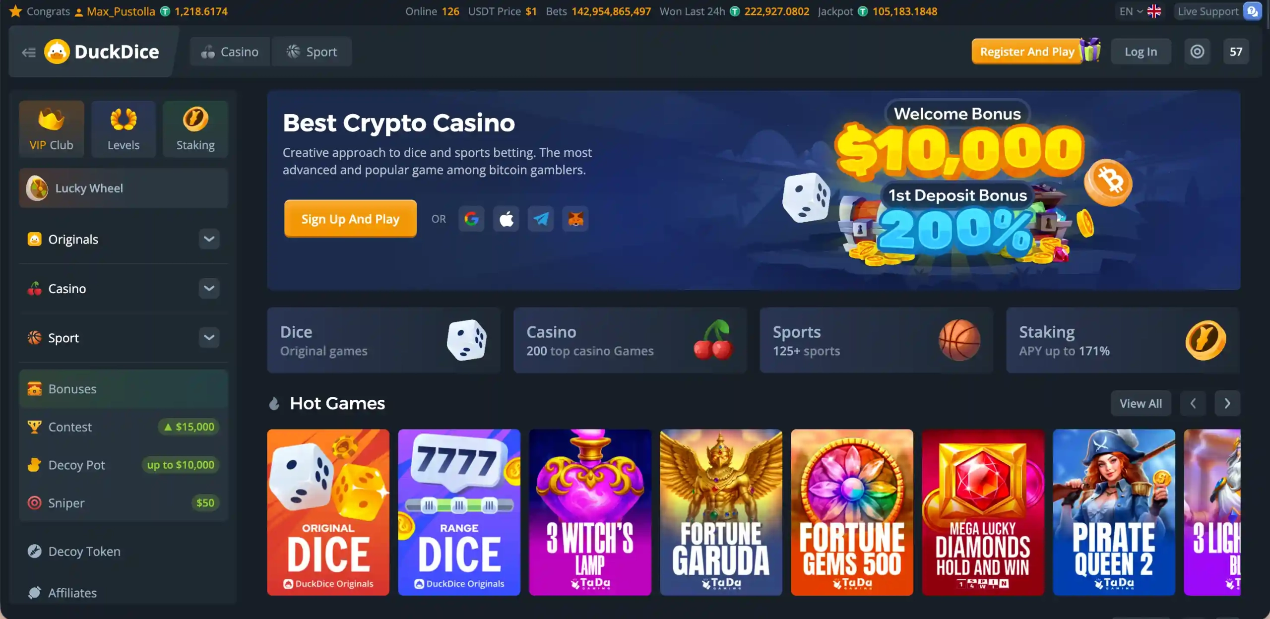 DuckDice Casino homepage.