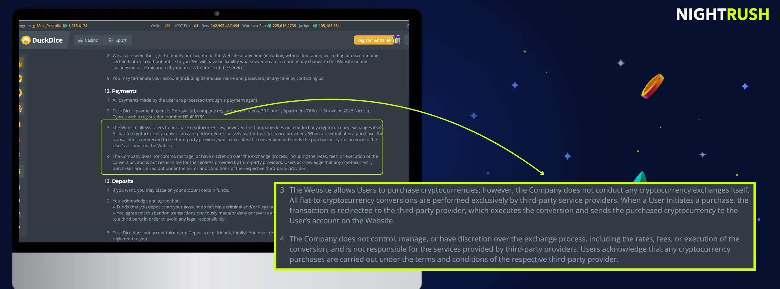 Laptop screen highlighting a casino's cryptocurrency payment terms.