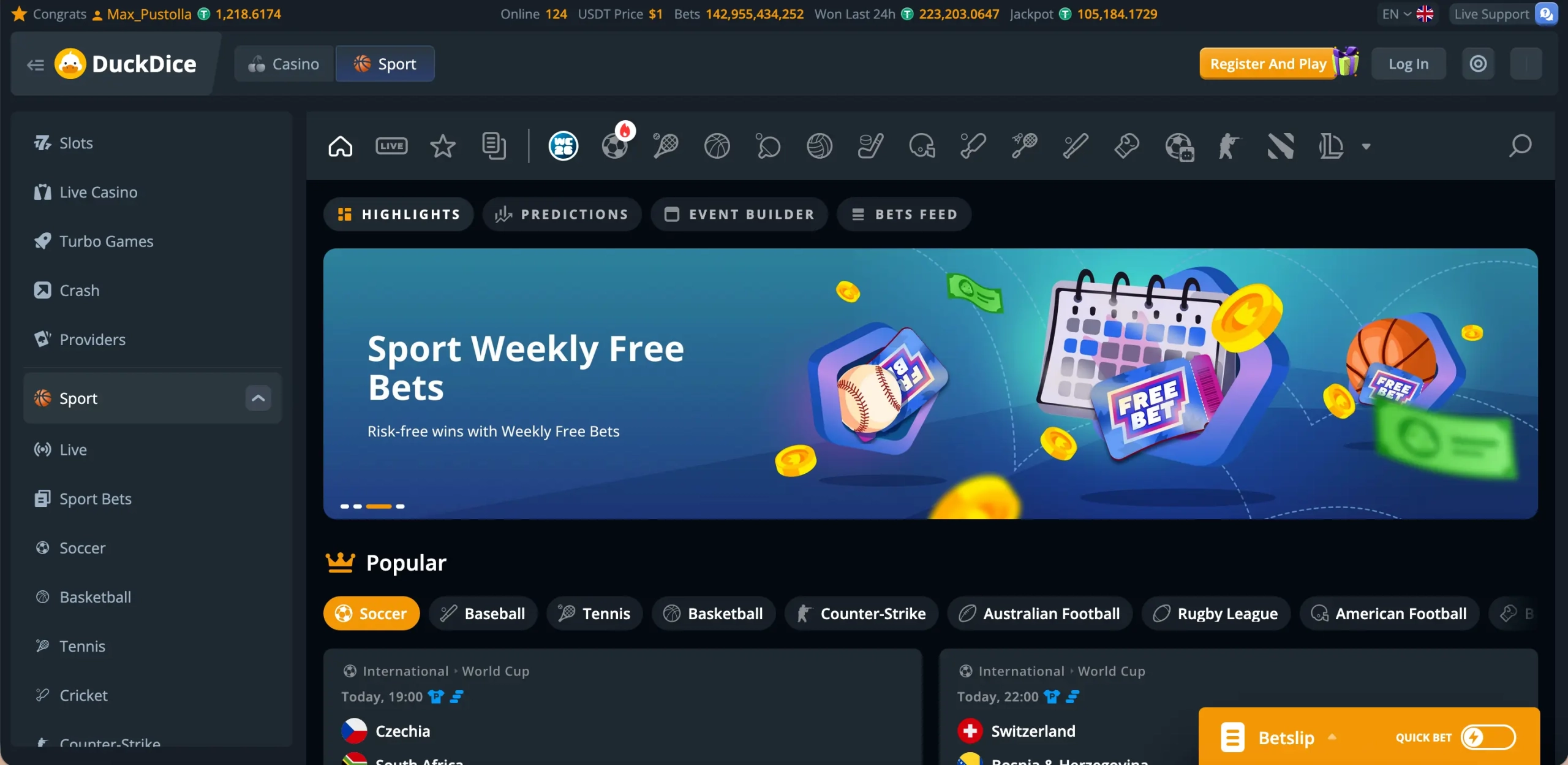 DuckDice sportsbook.