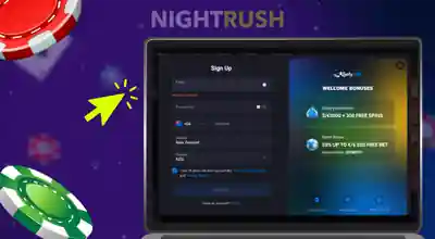 Laptop screen displaying a registration popup showcasing welcome bonuses.