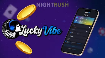 Smartphone showing a sign-up form next to the Lucky Vibe logo and coins.