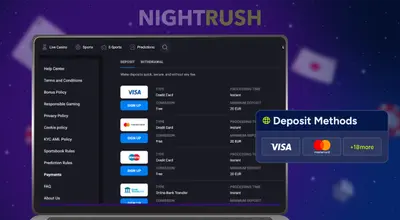 Laptop displaying a casino deposit page with Visa and Mastercard methods.