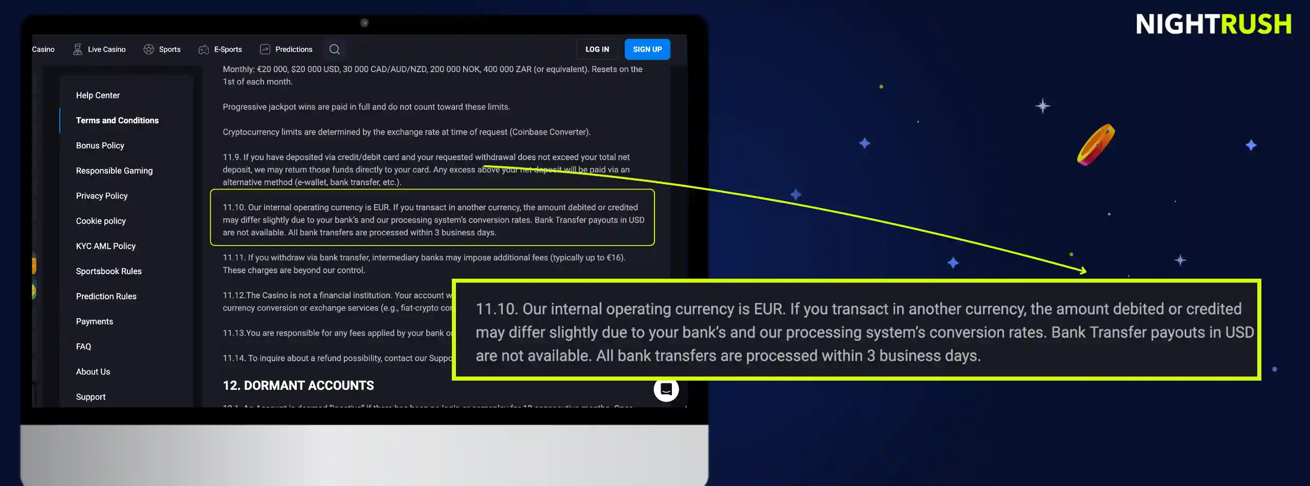 Laptop screen highlighting terms about the casino's EUR internal operating currency.