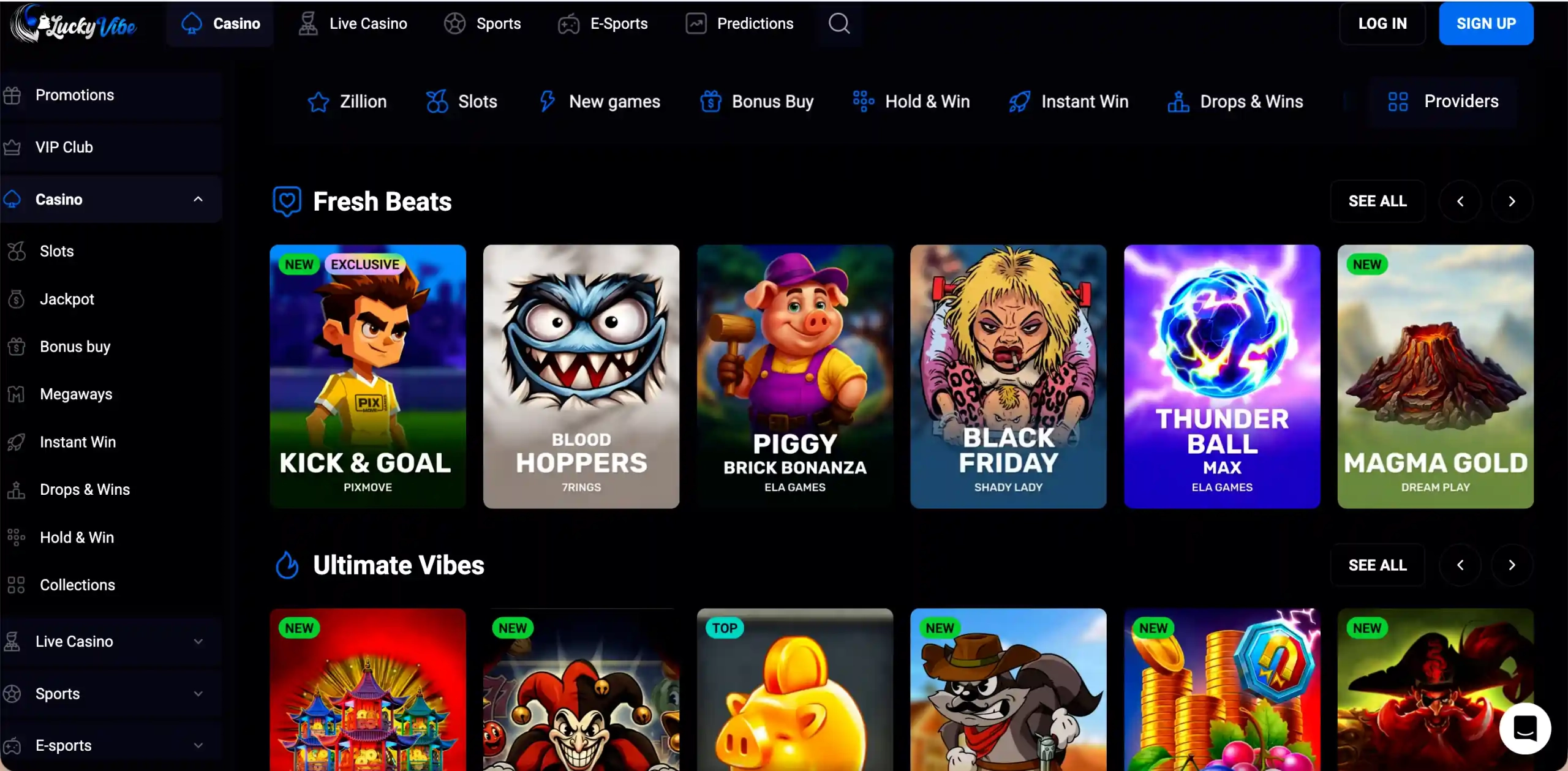 Lucky Vibe Casino homepage.