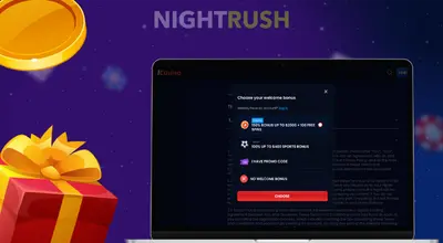 Casino bonus window on laptop with gold coin and gift box on purple background.