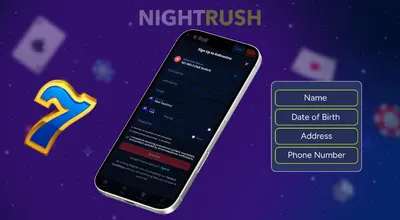 RollCasino registration screen with personal info fields and purple casino background.