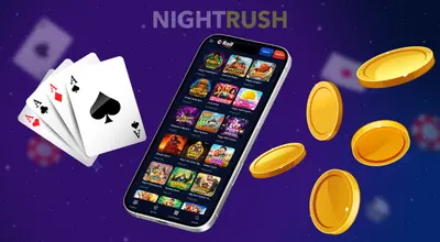 RollCasino games page with playing cards, gold coins, and purple gaming backdrop.