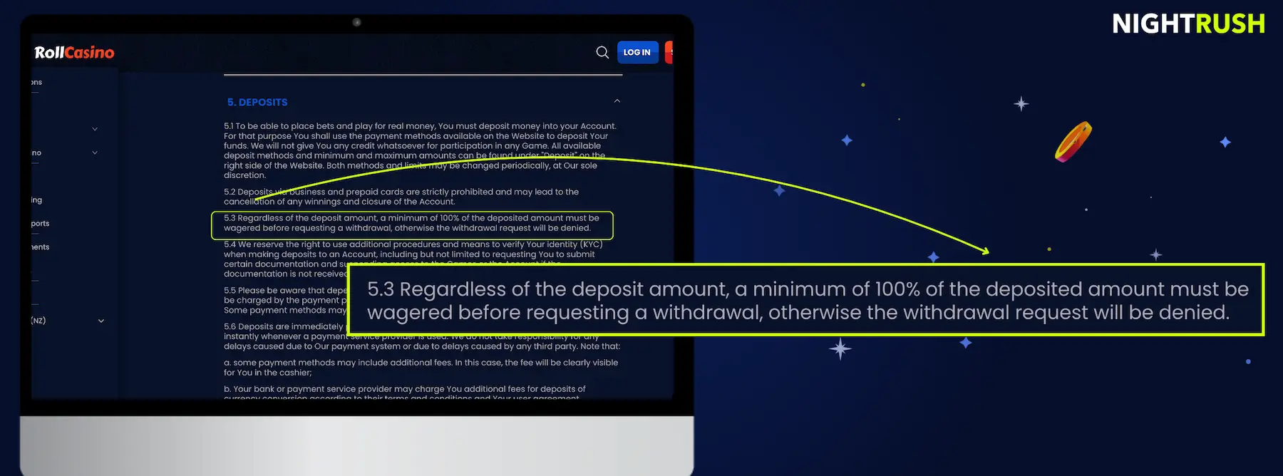 RollCasino withdrawal terms highlighting 100% wagering before cashout.