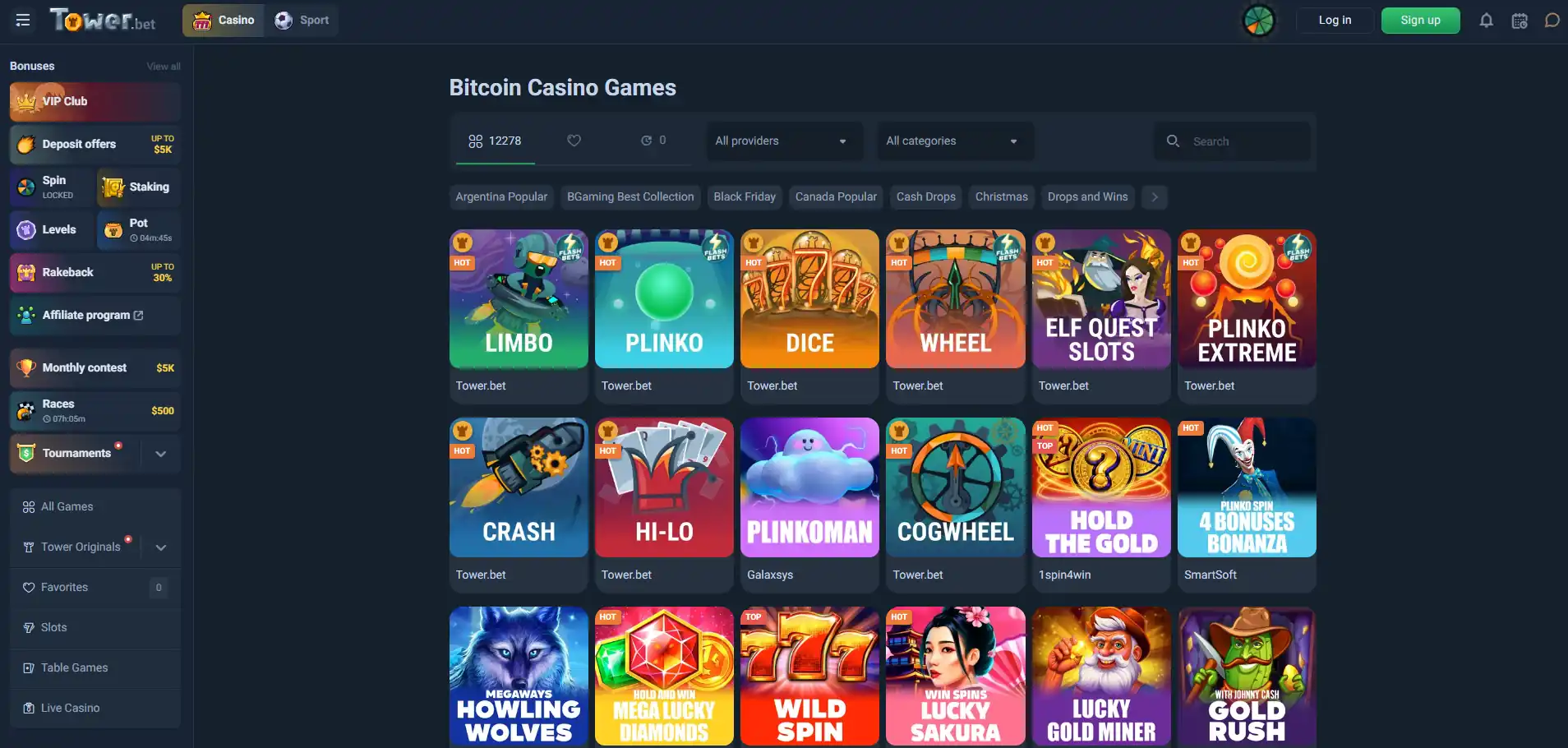 Tower.bet Casino games page