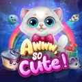 An adorable white kitten with a pink bow sits before a rainbow and the text Awww, so CUTE!.