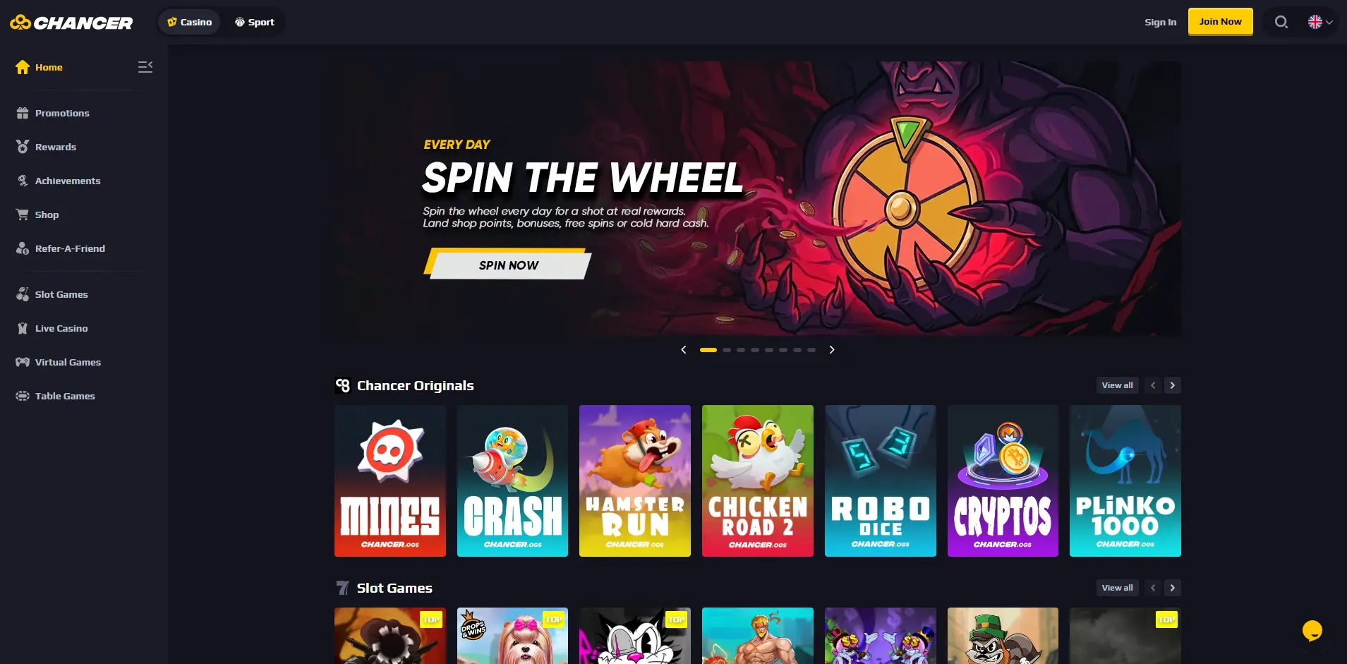 A screenshot of the Chancer Casino website homepage.