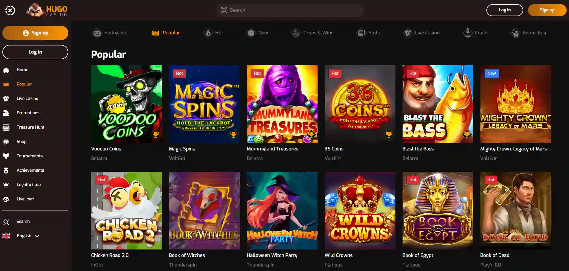Hugo Casino slot games page.