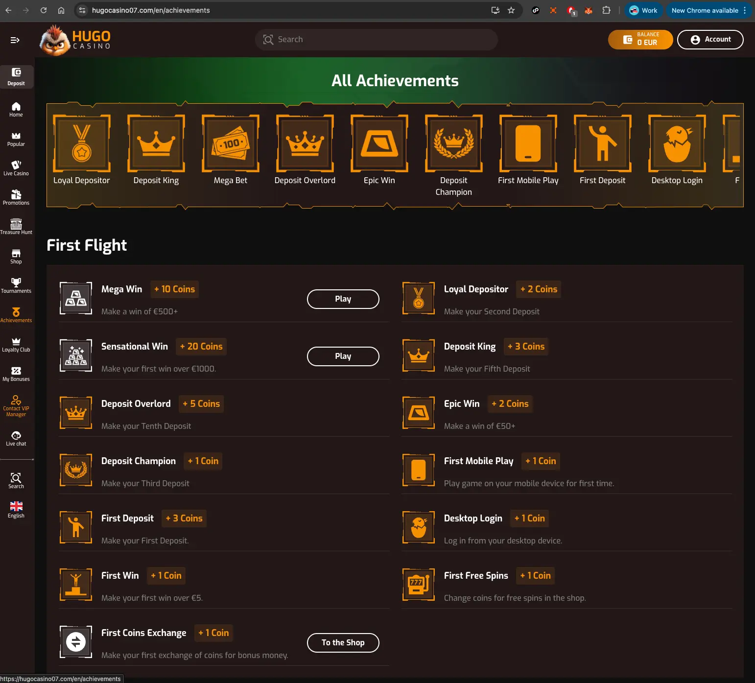 Hugo Casino Achievements screen.