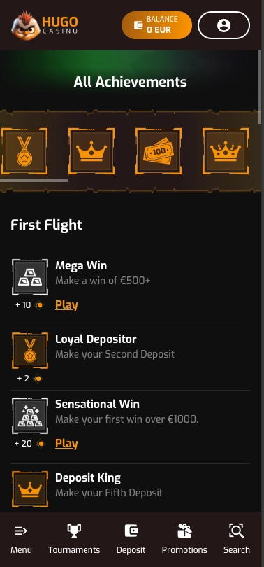 Hugo Casino Achievements screen on mobile.
