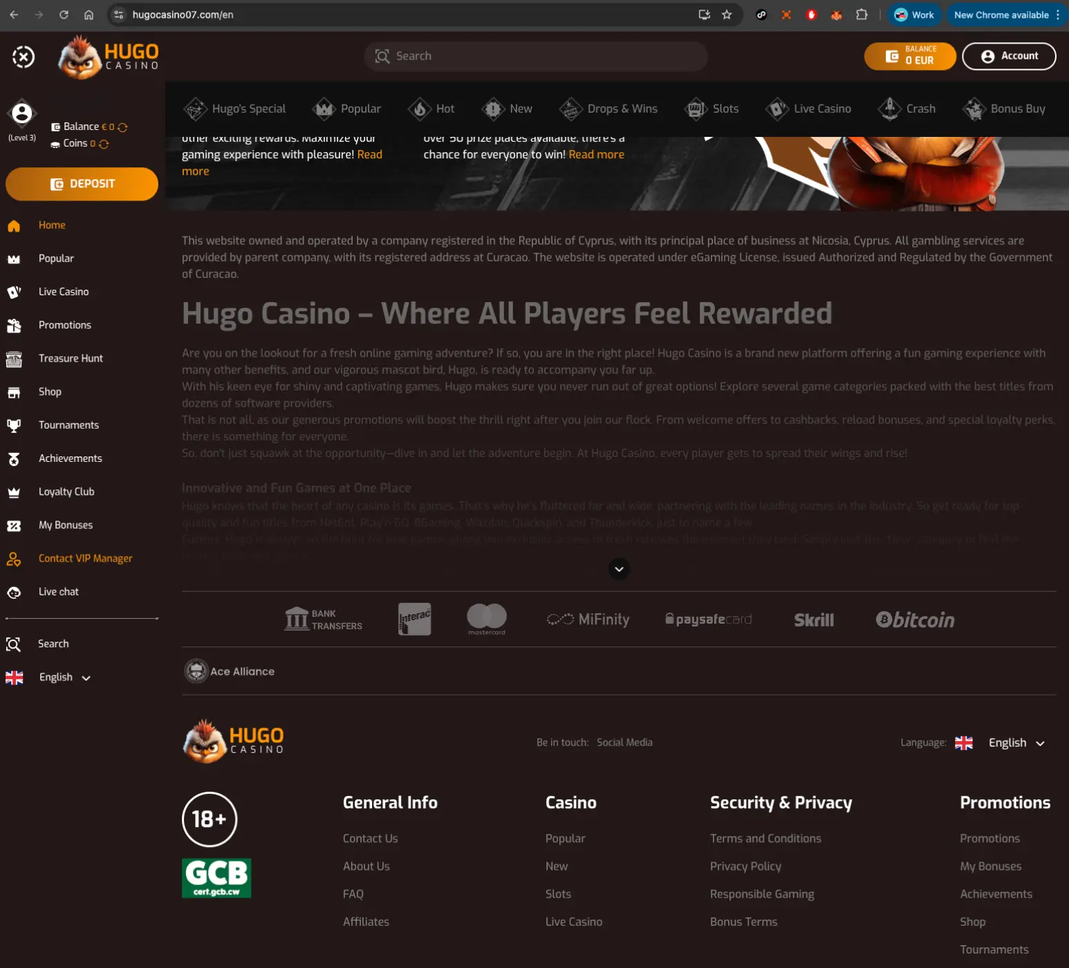 Hugo Casino footer.