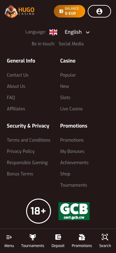 Hugo Casino footer menu on mobile screen.