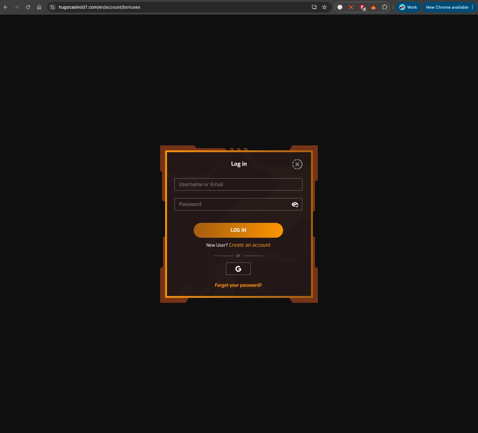 Hugo casino desktop sign-up screen