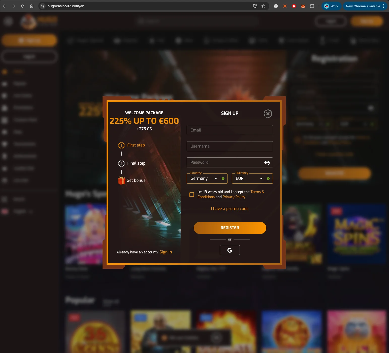 Hugo casino desktop sign-up screen