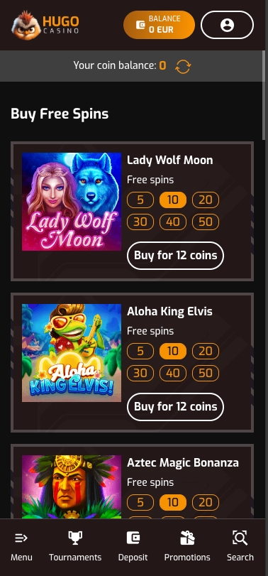 Hugo Casino coin shop on mobile screen.