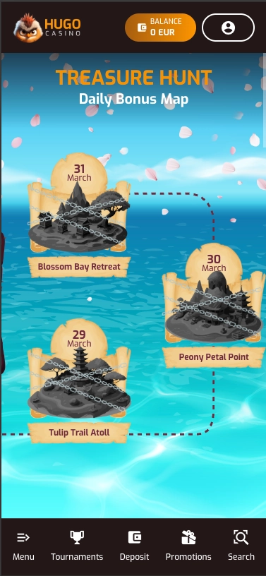 Image dipslaying Hugo Casino treasure hunt screen.