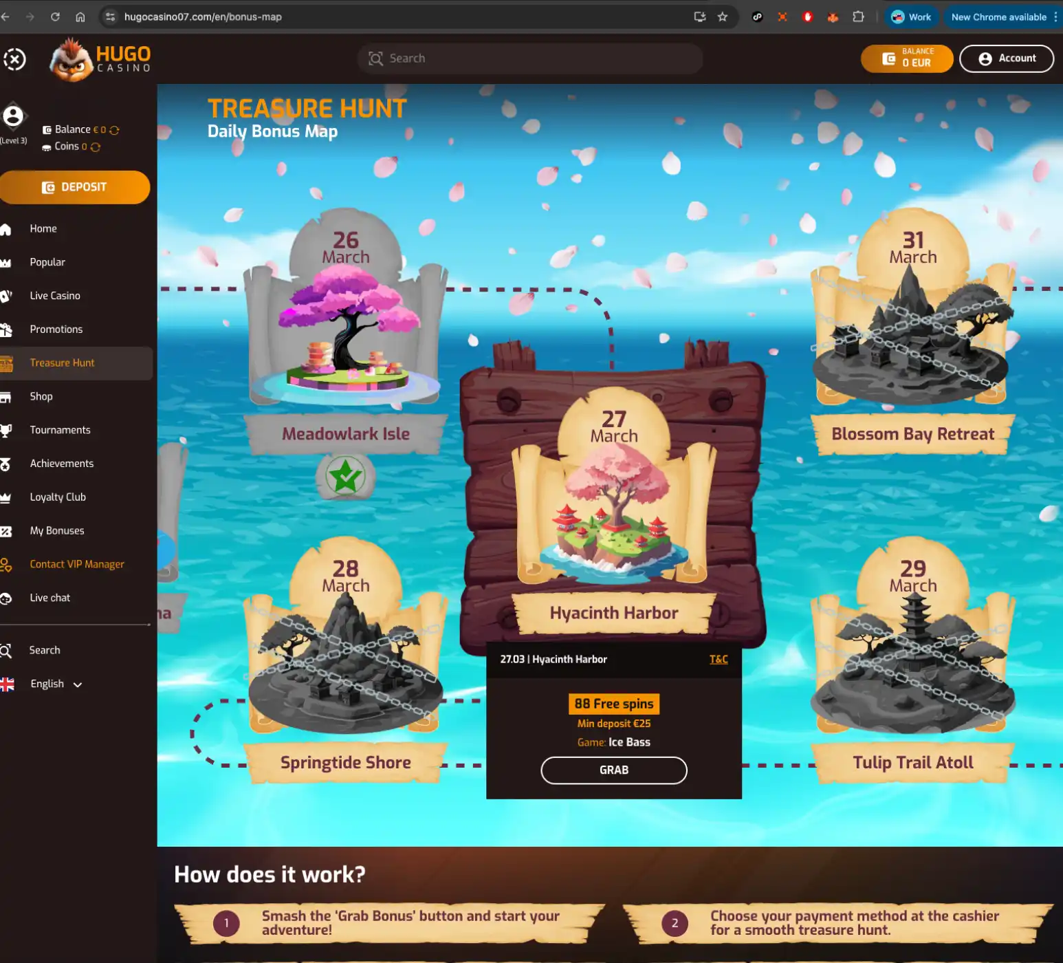 Image dipslaying Hugo Casino treasure hunt screen.