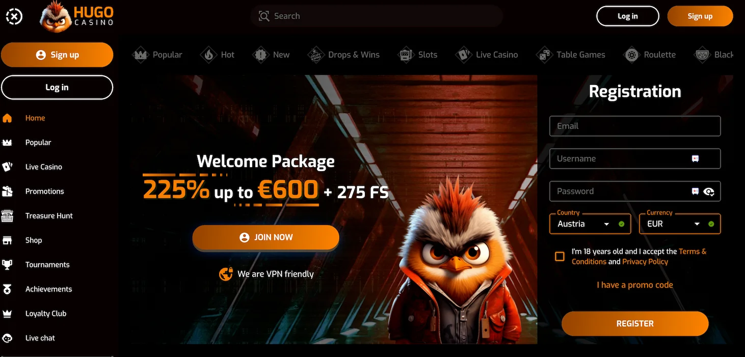 Hugo casino landing page displaying welcome package.