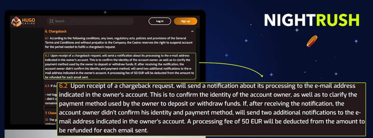 Monitor displaying the T&Cs page for Hugo. A callout box highlights section 6.2.