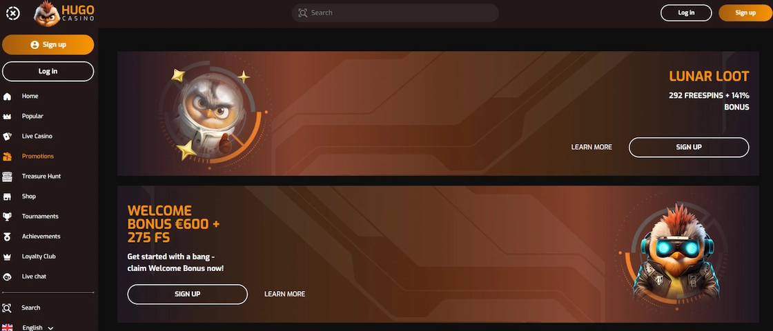 Screenshot of Hugo Casino Promotions page.