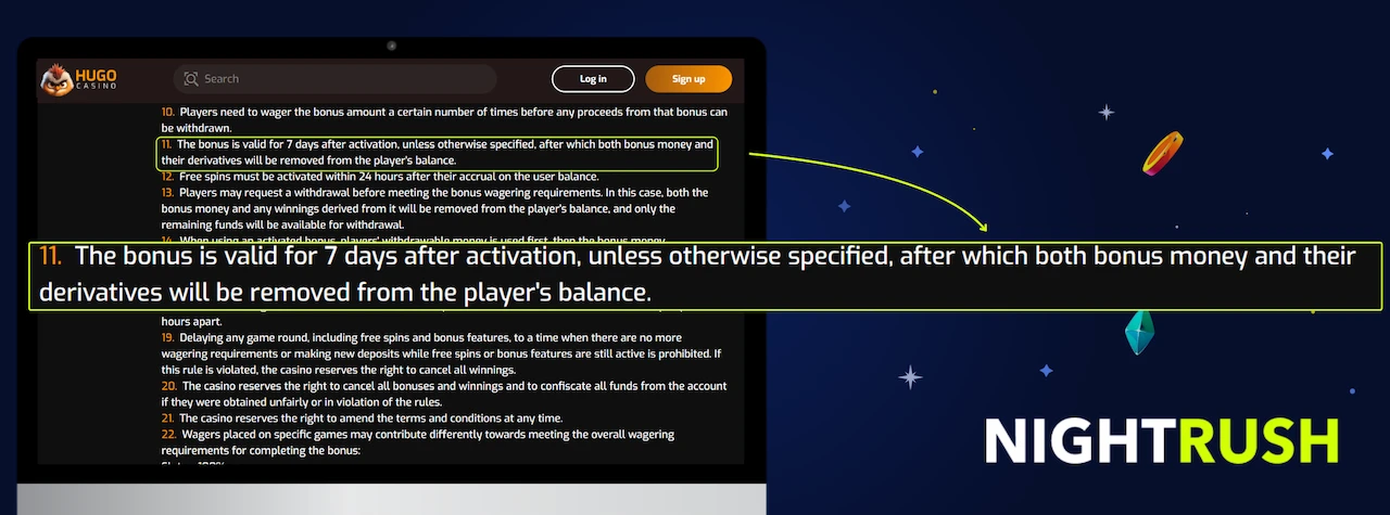 Monitor displaying the bonus terms page for Hugo. A callout box highlights section 11.