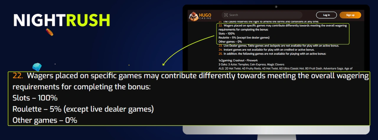 Monitor displaying the bonus terms page for Hugo. A callout box highlights section 22.