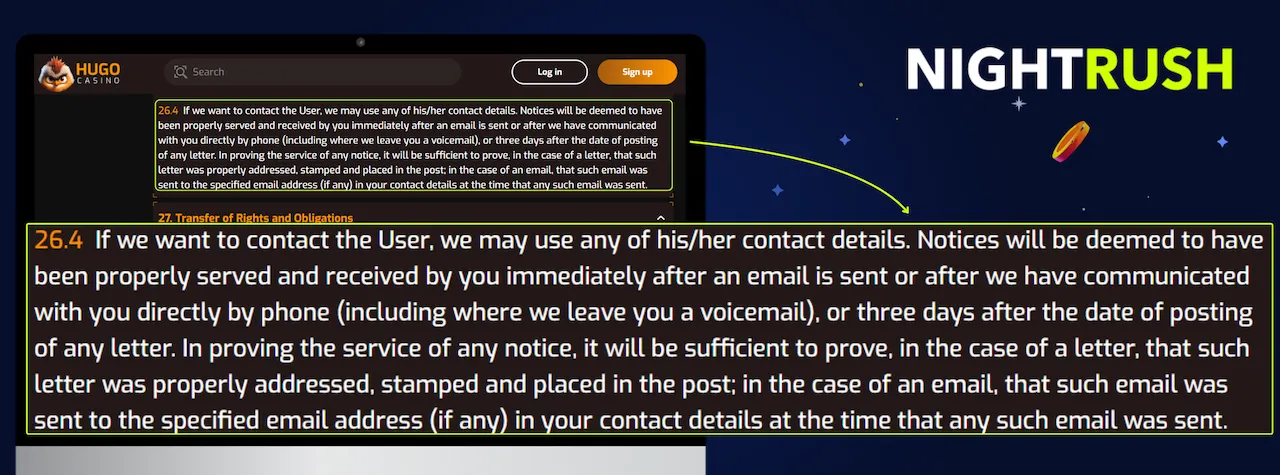 Monitor displaying the T&Cs page for Hugo. A callout box highlights section 26.4.