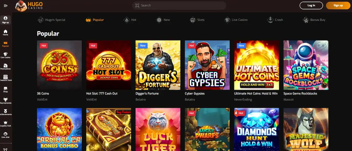 Screenshot of Hugo Casino’s game lobby.