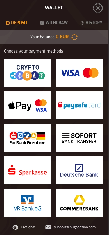 Hugo Casino deposit methods.