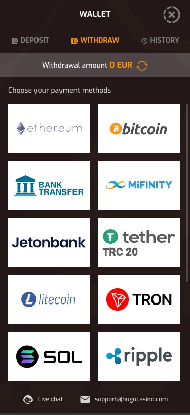 Hugo Casino withdrawal methods.