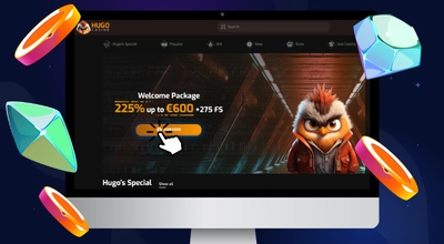Laptop shows Hugo Casino’s welcome bonus information.