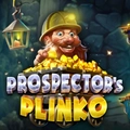 A cartoon prospector with a gold-filled mine cart is shown under the text PROSPECTOR'S PLINKO.
